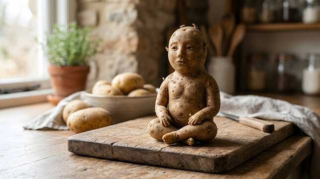 Handcrafted clay child figure on wooden cutting board with potatoes