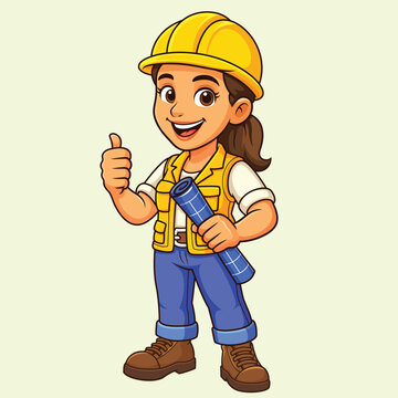 Cartoon Female Construction Worker Holding Blueprint and Giving Thumbs Up Vector Illustration