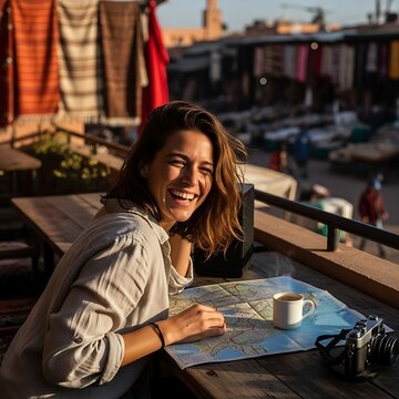 Young woman traveler laughing and planning her trip on a map in Marrakech.