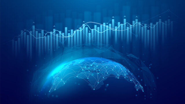 Growth of development global financial communication. Vector illustration of rising investment chart on world trade market. Concept of sustainable growth of international business, digital banking.