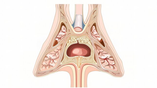 Coronal cross‑section of human paranasal sinuses, nasal cavity anatomy, 2D flat medical educational illustration, white background