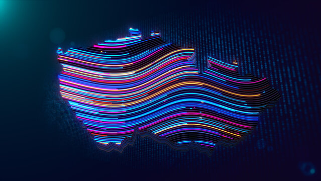 Vibrant abstract 3D extruded map of Czech Republic rendered with glowing neon wavy lines and particles against a dark screen grid background.