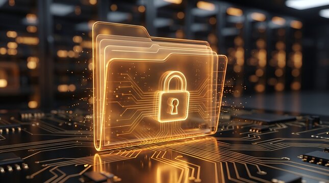 Data protection and cyber security concept showing a secure digital file folder with a padlock inside a server room.