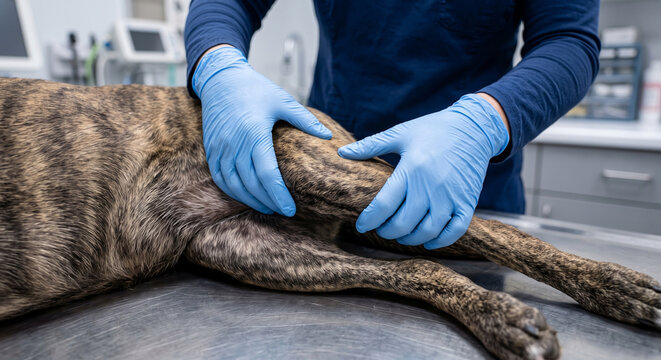 Veterinary hands in blue gloves examine brindle dog leg on stainless steel surgery table.