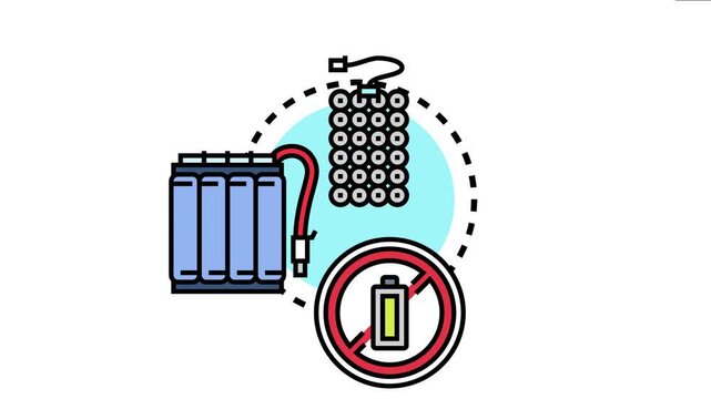 Battery pack concept interconnected energy cells for electric power, featuring a warning symbol for battery use and electronic device components