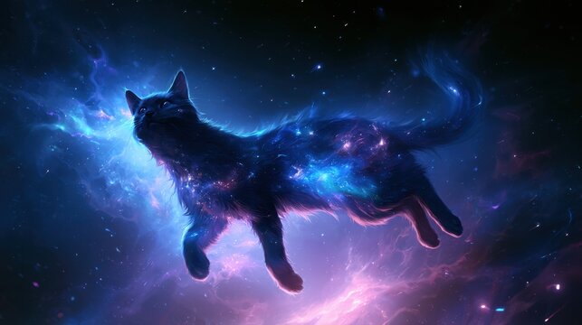 Surreal cosmic image of mystical cat silhouette filled with vibrant galaxy colors floating in dark outer space filled with stars and luminous nebula clouds