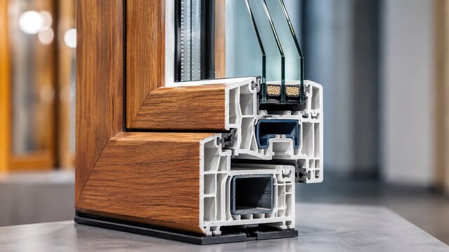 Double glazed window profile cross section showing insulated glass and modern frame construction, representing thermal insulation, energy efficiency, building materials and window technology.