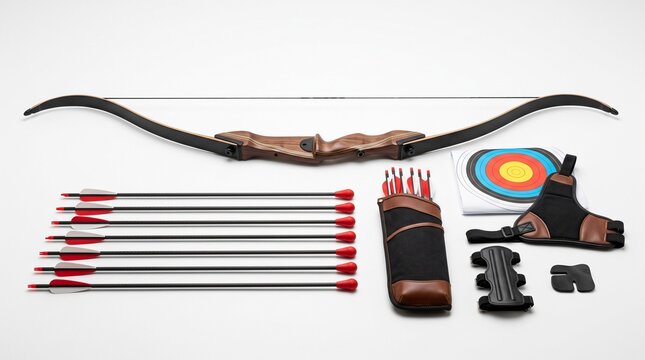 Professional archery set with recurve bow and arrows. Traditional hunting bow equipment with quiver and target. Sport shooting gear on white background.