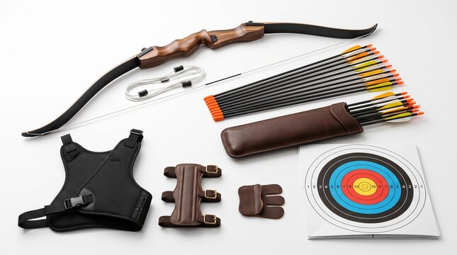 Professional archery equipment set with recurve bow and arrows. Wooden bow with leather quiver and target. Archery gear for sport and hunting.