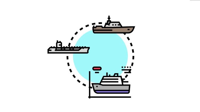 Various watercraft icons including military battleships, commercial cargo ships, and sleek cruise vessels representing global transportation, maritime security, and naval defense concepts