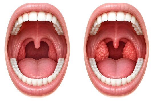 Healthy Throat vs Enlarged Tonsils, Tonsillitis Oral Cavity Medical Comparison