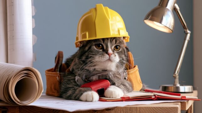 Cute gray tabby cat wearing yellow safety helmet and tool belt sitting on wooden table with blueprint paper and desk lamp in cozy indoor setting for construction concept