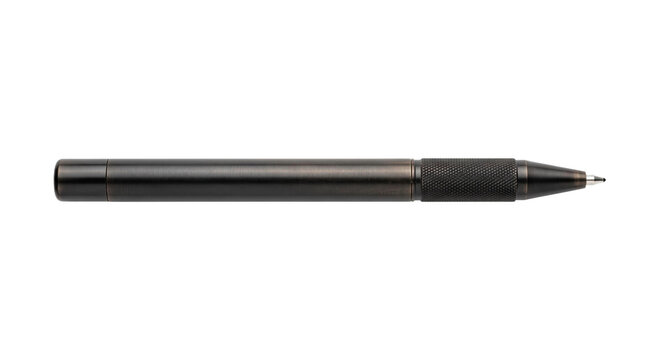 Elegant dark metal ballpoint pen with textured grip and fine tip