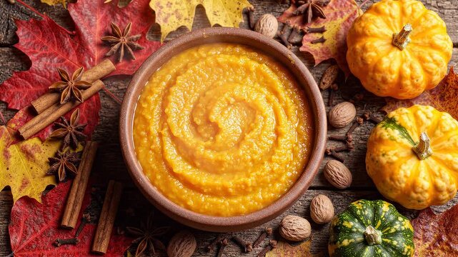 Top-down view of hot pumpkin puree in a bowl, with fall leaves, decorative pumpkins, and spices on wood.