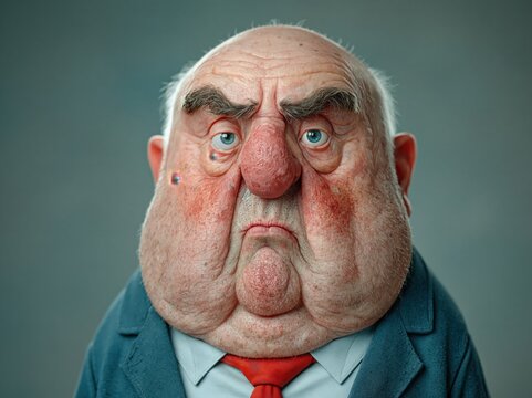 Grumpy old man caricature in a blue jacket and red tie.