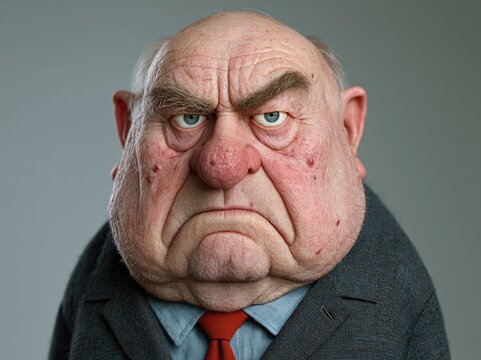 Grumpy old man with a scowling face and red nose
