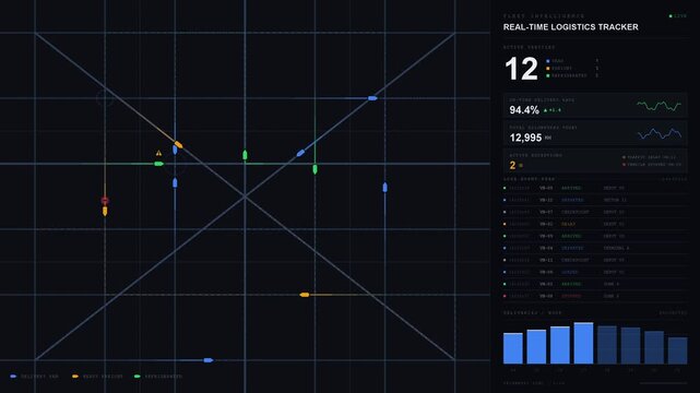 Stylized real-time logistics tracker displaying a schematic map with vehicle icons indicating delivery vans, freight, and refrigerated transport on a dark urban background.