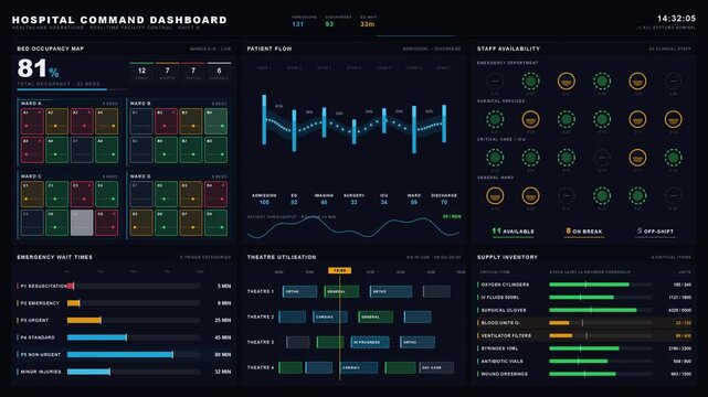 A modern hospital command dashboard showcasing bed occupancy, patient flow, staff availability, emergency wait times, theatre utilization, and supply inventory with vibrant color coding.