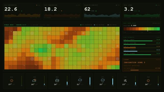 Visual representation of a precision agriculture IoT intelligence panel displaying real-time crop data, weather forecasts, and soil moisture levels in a dynamic, engaging format.