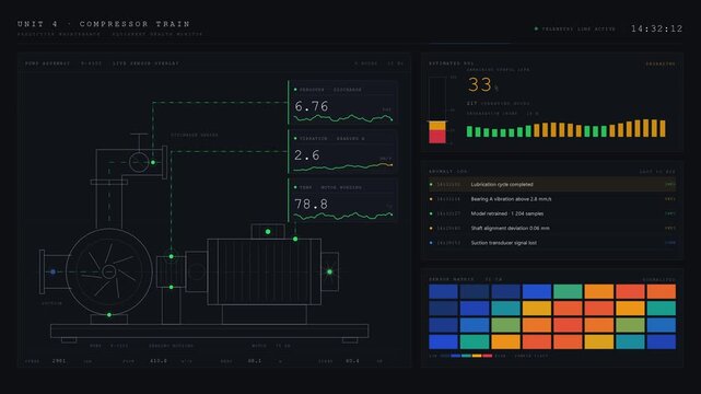 Monitor industrial equipment health with a detailed predictive maintenance dashboard featuring live data visualizations and animated sensor feedback for real-time analysis.