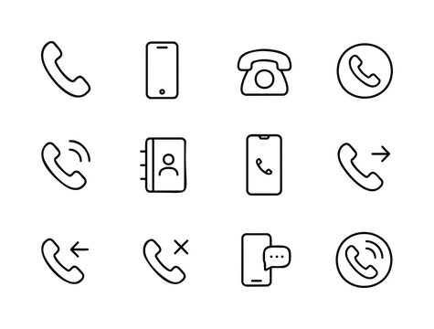 Phone and Call Line Icon Set with Mobile, Landline, Contact Book and Redial Symbol for Communication App Design