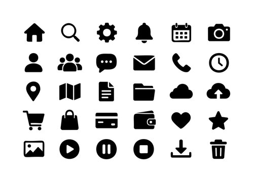 Mobile App Navigation Black Icon Set with Home, Search, Settings, Notification and Media Control Symbol