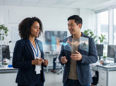 Data scientists collaborating on AI machine learning model visualization in modern office