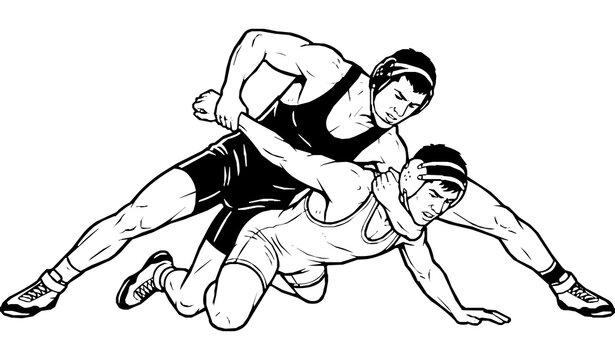Two male wrestlers performing powerful takedown during intense grappling match sports vector illustration