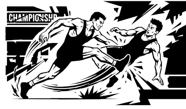 Two male wrestlers performing powerful takedown during intense grappling match sports vector illustration