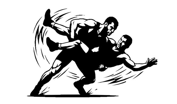 Two male wrestlers performing powerful takedown during intense grappling match sports vector illustration