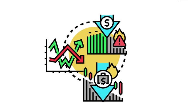 Financial market with decreasing graphs, falling money, warning signs, and arrows indicating market crashes and investment risks