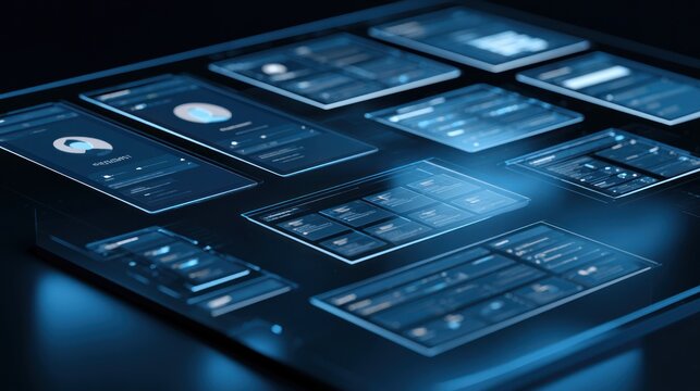 Digital interface screens on a dark surface with blue glow