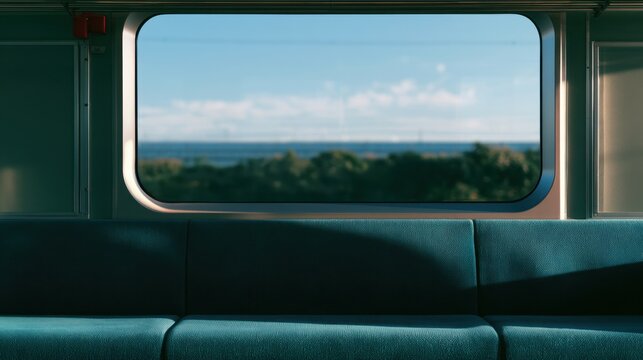 Interior of empty train carriage with blue seats and large window showing blurred green landscape under blue sky and clouds outside view