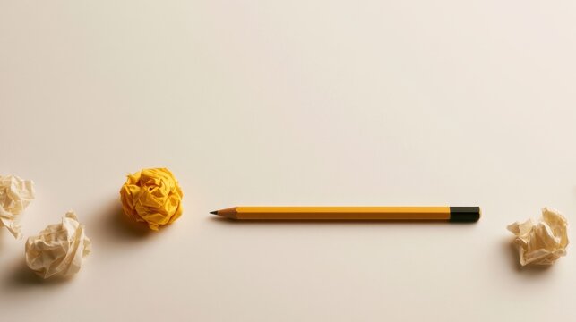 Minimalist creative workspace with yellow pencil and three crumpled paper balls on clean white surface symbolizing brainstorming and idea generation process