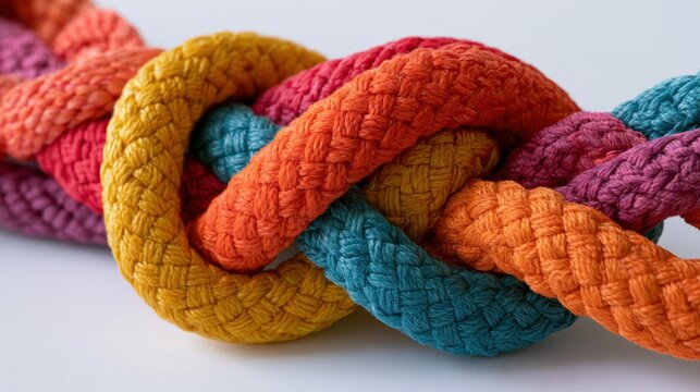 Close-up of colorful intertwined thick braided ropes in diverse colors showing texture and detailed weave pattern against a plain white background