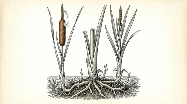 Minimalist Black and White Botanical of Cattail Plant with Detailed Root System and Seed Head with high quality professional line art symbols for modern creative design and digital branding projects