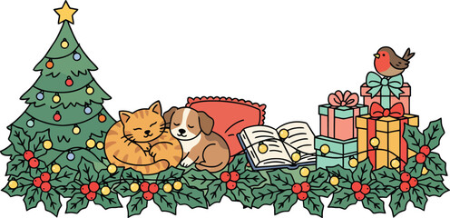 Fototapeta premium Cozy Christmas vector illustration with cute sleeping cat and dog next to decorated tree gifts book holly garland and robin bird