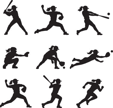 Set of Female Baseball Player Silhouettes Collection Illustration Vector