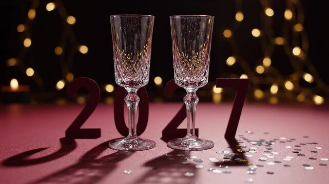 Two crystal champagne glasses on a pink table with confetti, illuminated by warm bokeh lights for 2027 New Year.