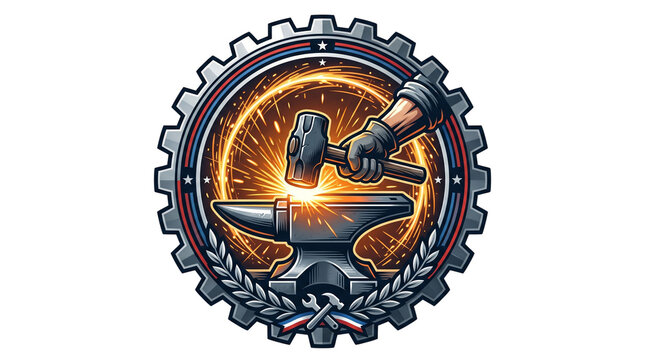 Blacksmith hammering hot glowing metal on a heavy steel anvil enclosed within a large industrial gear frame featuring bright orange sparks flying in a dynamic circular motion for metalwork branding