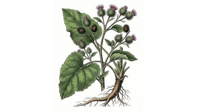 Clean Botanical of Burdock Plant with Roots Leaves and Spiky Flower Heads in Detailed Green and Brown Shades