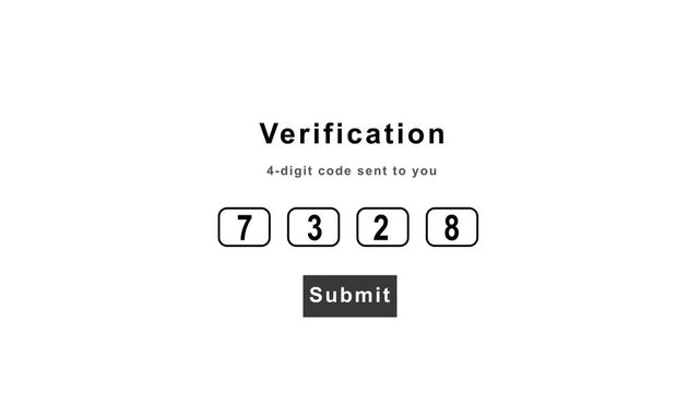 Verification 4 code, Verification Required, 73-28 number with timer expiring, symbolizing authentication and security verification process, seamless loop 4k