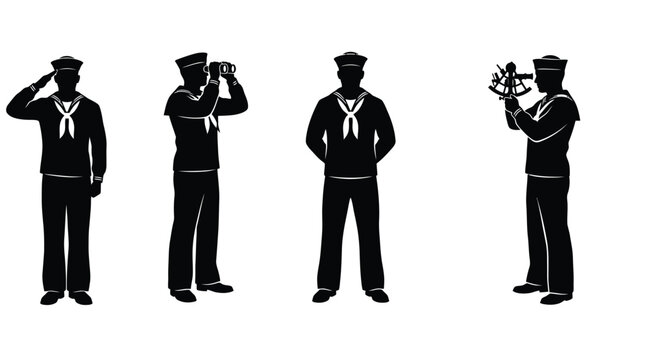 Sailor silhouettes in uniform depict various maritime roles against a white background