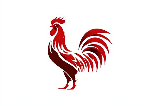 Stylized illustration of a proud rooster in shades of red and white, its comb and tail feathers rendered with bold, graphic lines, symbolizing strength and vitality.