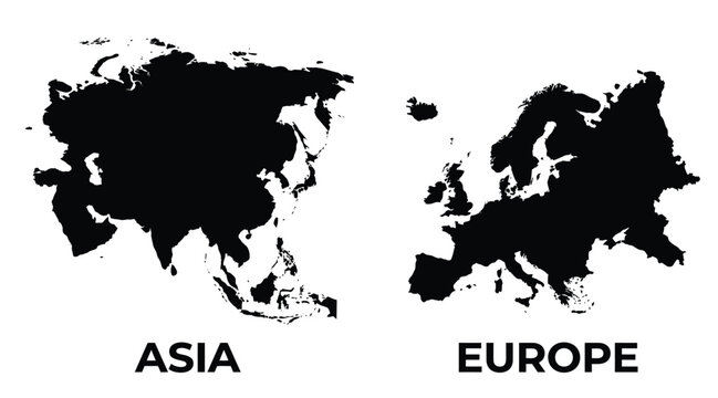 Silhouettes of asia and europe continents against a white background