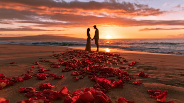 Romantic couple holding hands on sandy beach with scattered red rose petals during vibrant sunset over calm ocean water, intimate moment and warm golden sky