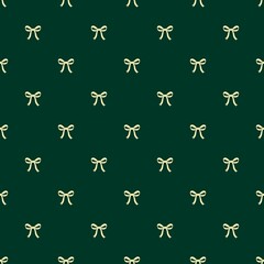 Fototapeta premium Elegant cream bow ribbon seamless pattern background on dark green. Modern linear doodle graphics for winter holiday gift wrapping paper. Clean graphic printing for stylish textile products.