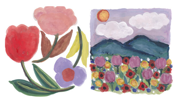 Hand-Painted Floral Arrangement and Landscape Illustration Set