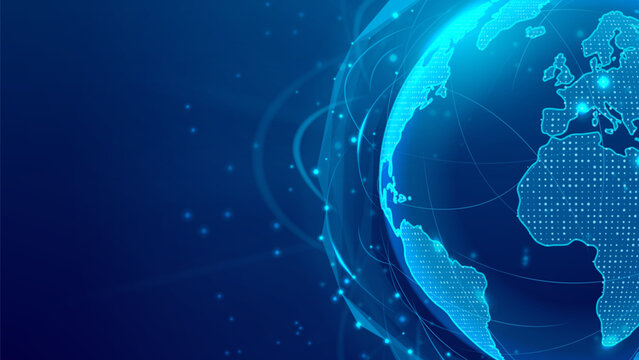 Concept of global digital network. Digital Earth surrounded by communication lines symbolizing worldwide connectivity, data exchange, internet infrastructure, satellites, 5G tech. Vector illustration.