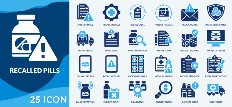 Pharmaceutical recall set featuring medicine warnings, safety checks, product withdrawal, labeling, logistics, and regulatory compliance Fill web set Icon Style
